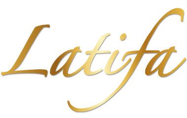 Latifa-Markenlogo in goldener geschwungener Schrift mit Schatteneffekt
