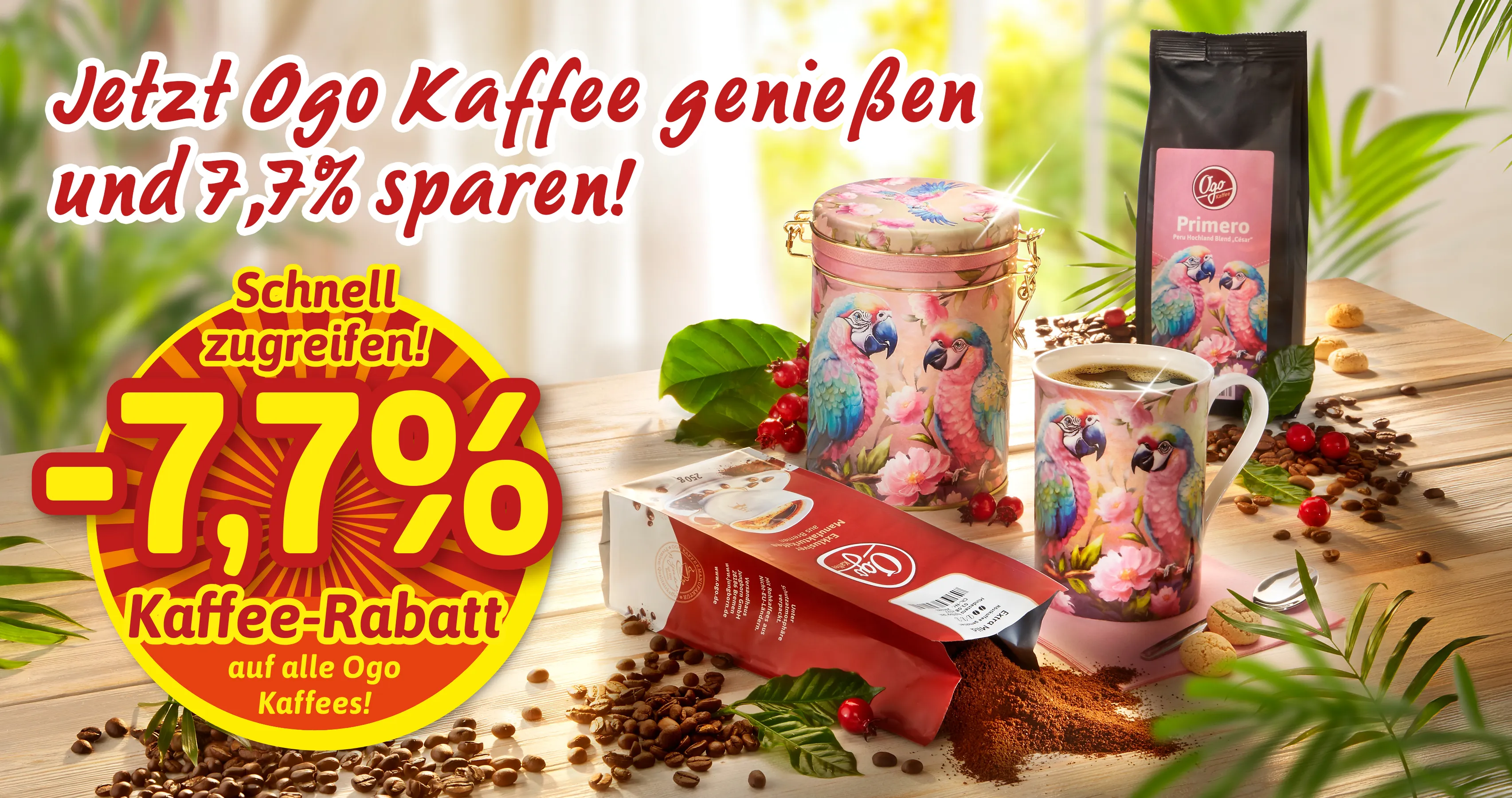 Ogo Kaffee mit Papageien-Design und 7,7 % Rabatt