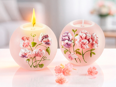 Zwei runde Kerzen mit floralem Muster in zarten Rosatönen