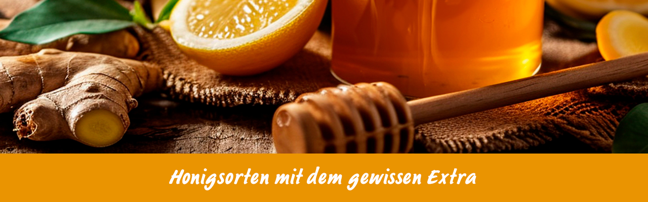 Honigsorten mit dem gewissen Extra – Natürlich genießen! Honigglas mit Honiglöffel, Ingwer und Zitrone auf rustikalem Untergrund.