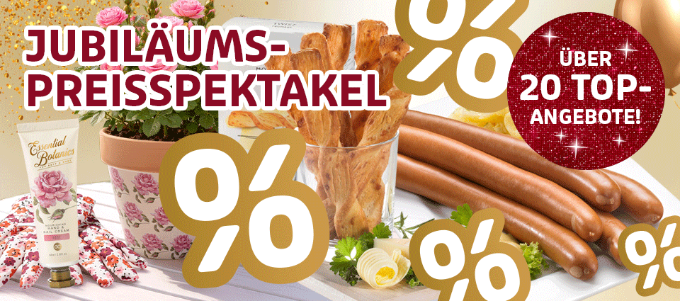 Verschiedene Jubiläumsangebote mit Lebensmitteln und Rabatten
