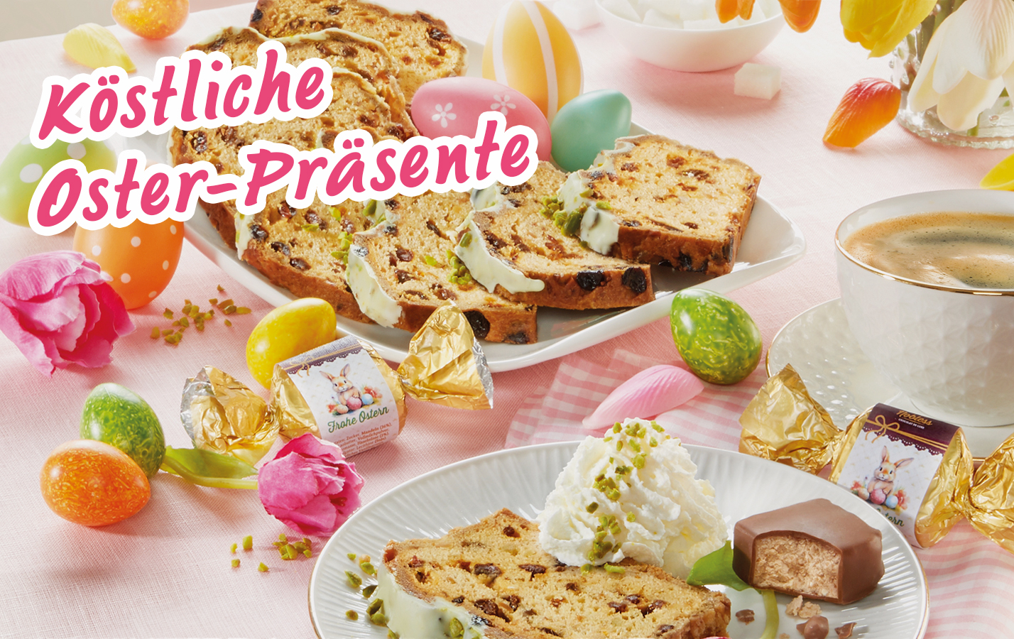 Ostergebäck mit Schokolade, Pralinen und Kaffee auf festlich gedecktem Tisch