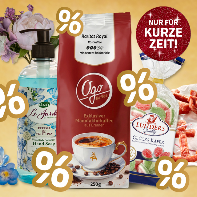 Jubiläumsangebote mit Seife, Kaffee und Süßwaren