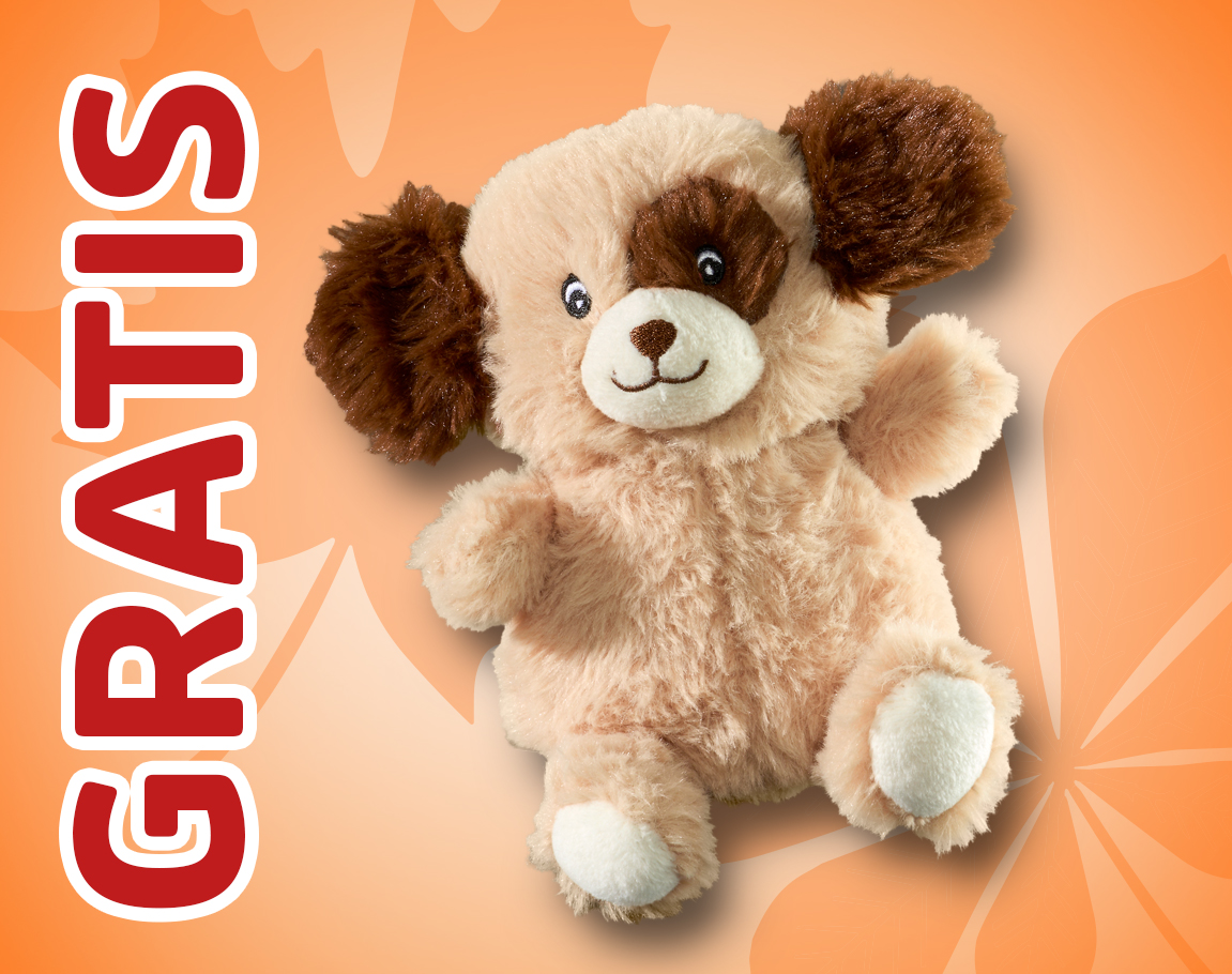 Gratis-Plüschhund in Beige und Braun auf orangefarbenem Hintergrund