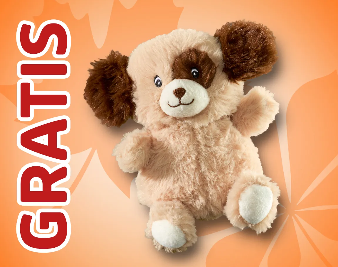 Gratis-Plüschhund in Beige und Braun auf orangefarbenem Hintergrund
