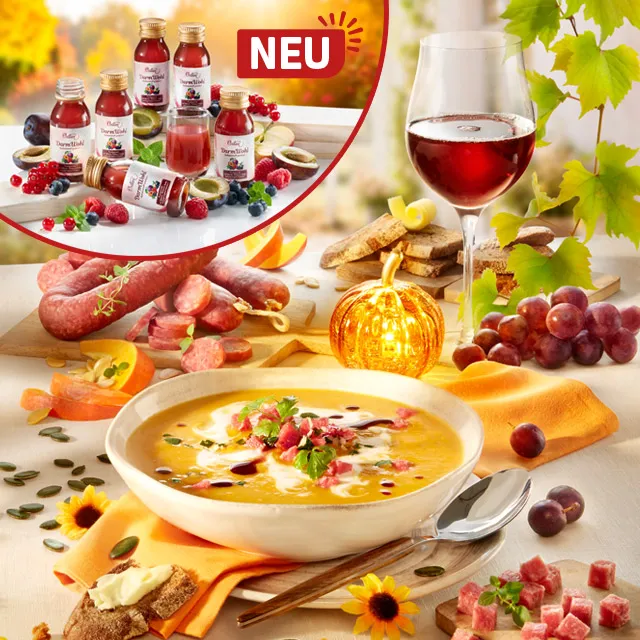 Herbstgenuss mit Suppe, Wurst, Rotwein und DarmWohl Fruchtsäften