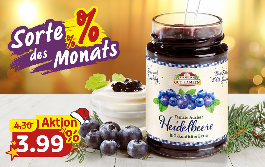 Heidelbeer-BIO-Konfitüre vor weihnachtlicher Kulisse als Sorte des Monats