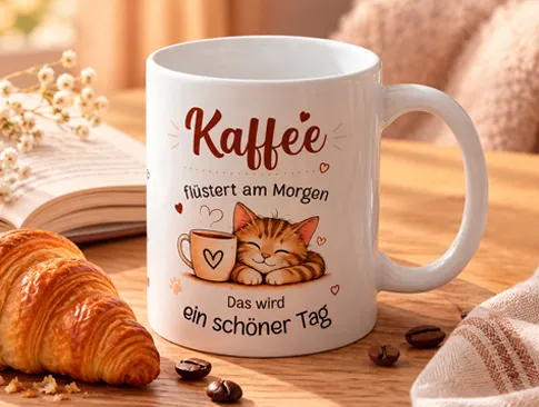 Kaffeetasse mit Katzenmotiv, Croissant und Kaffeebohnen