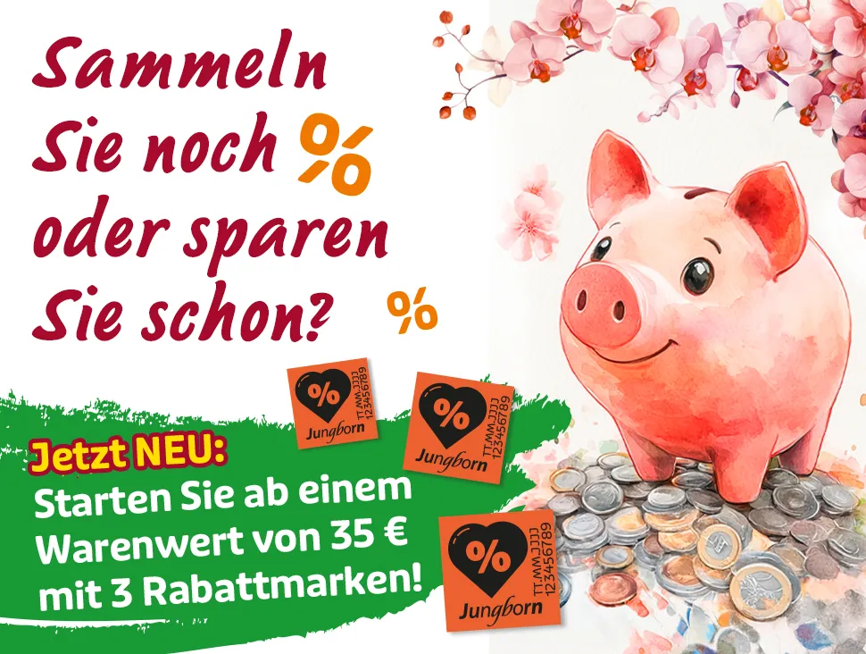 Sparschwein mit Rabattmarken – Sammeln oder sparen ab 35 Euro Warenwert