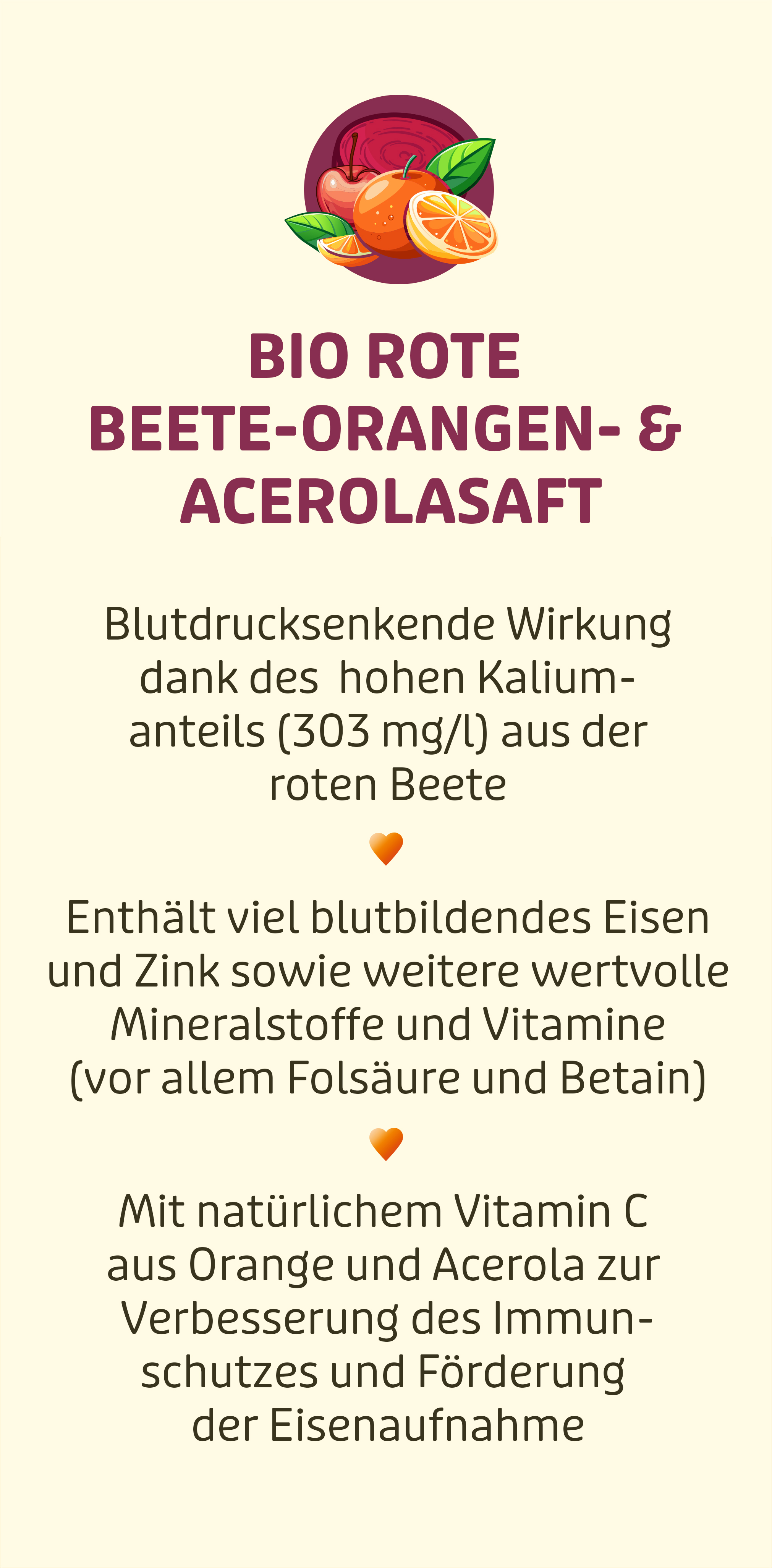 Bio Rote Beete-Orangen-Acerolasaft – Nährstoffreiche Power Infografik mit Gesundheitsvorteilen von Bio Rote Beete-Orangen-Acerolasaft.