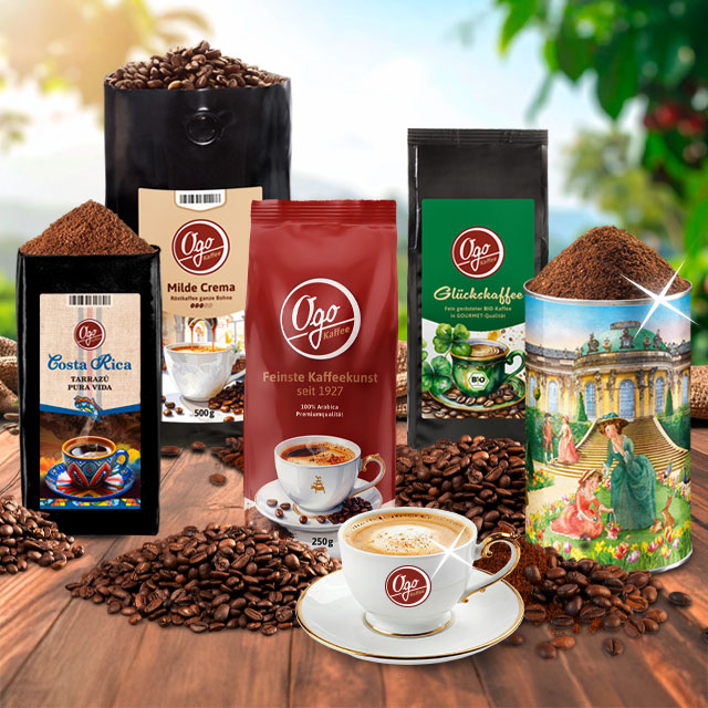 Ogo Kaffee Sortiment mit verschiedenen Verpackungen und Kaffeesorten
