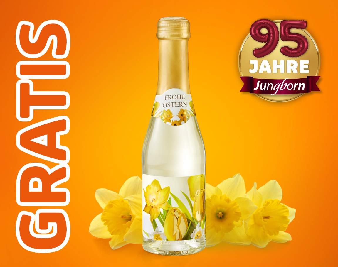 Gratis Ostersekt mit Narzissenmotiv vor orangefarbenem Hintergrund