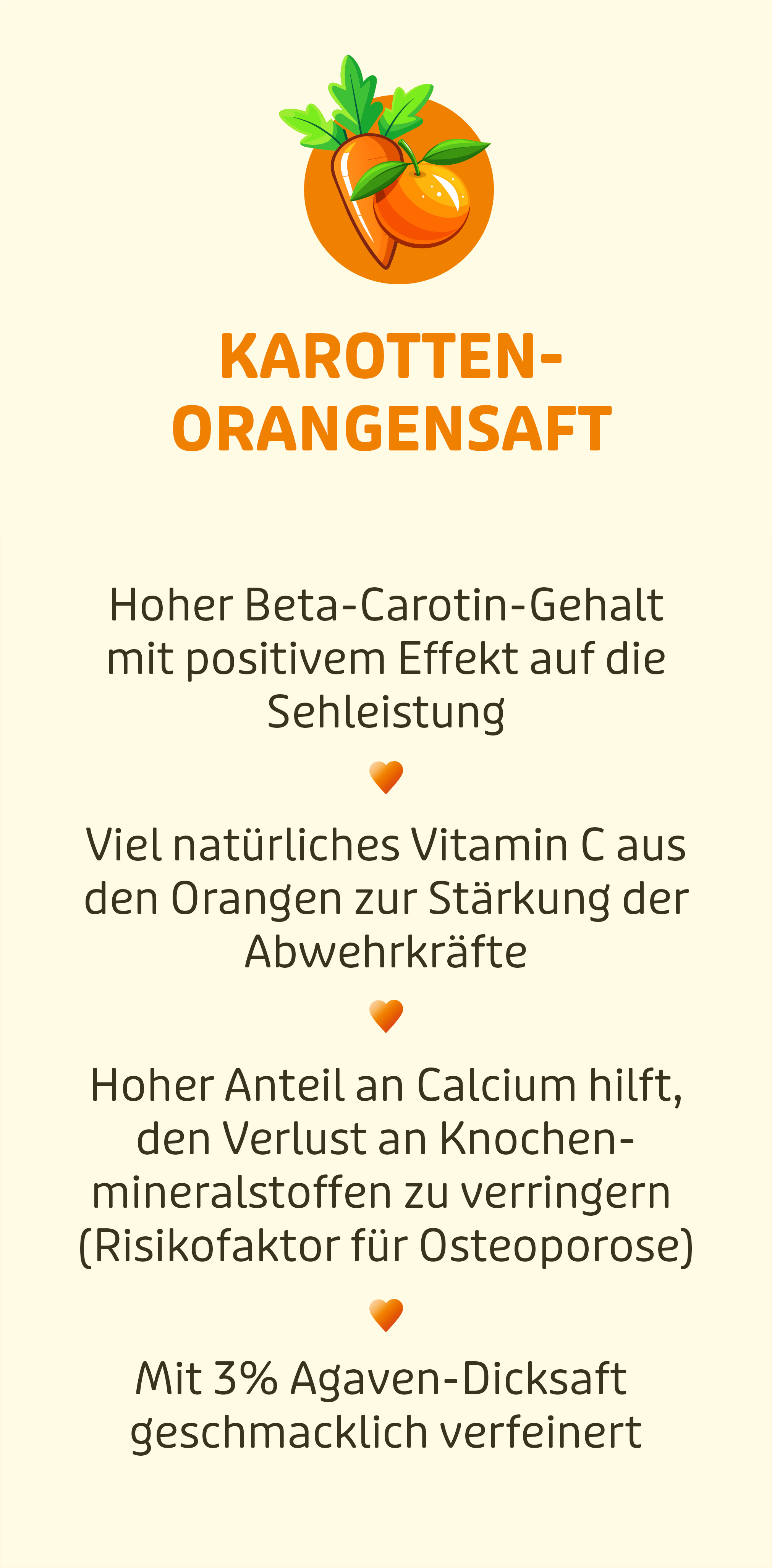 Karotten-Orangensaft – Nährstoffreicher Genuss Infografik mit Vorteilen von Karotten-Orangensaft für die Gesundheit.