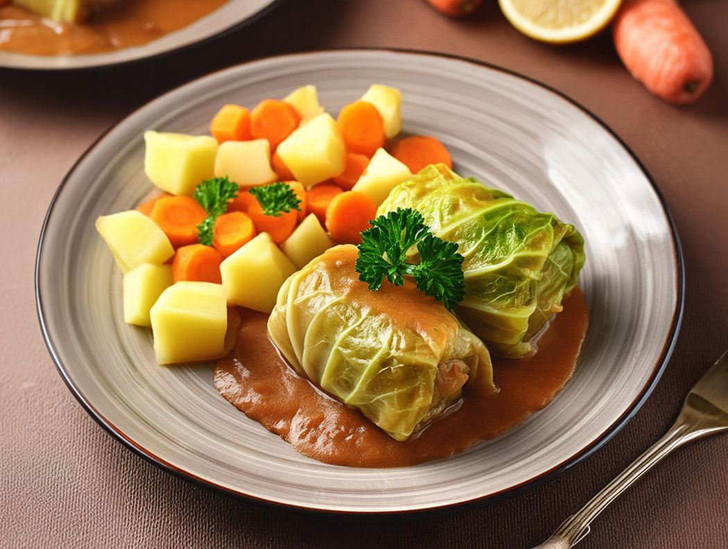 Kohlroulade mit Soße, serviert mit Kartoffeln, Karotten und Petersilie