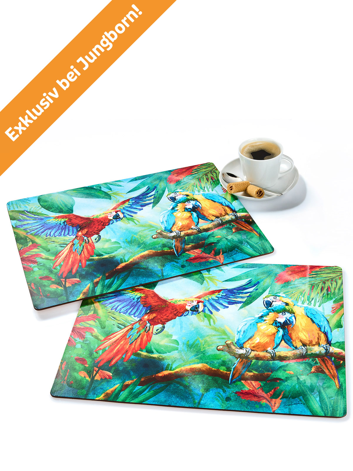 Kork-Platzset-Duo „Papageien-Pracht“ Kork-Platzset-Duo „Papageien-Pracht“