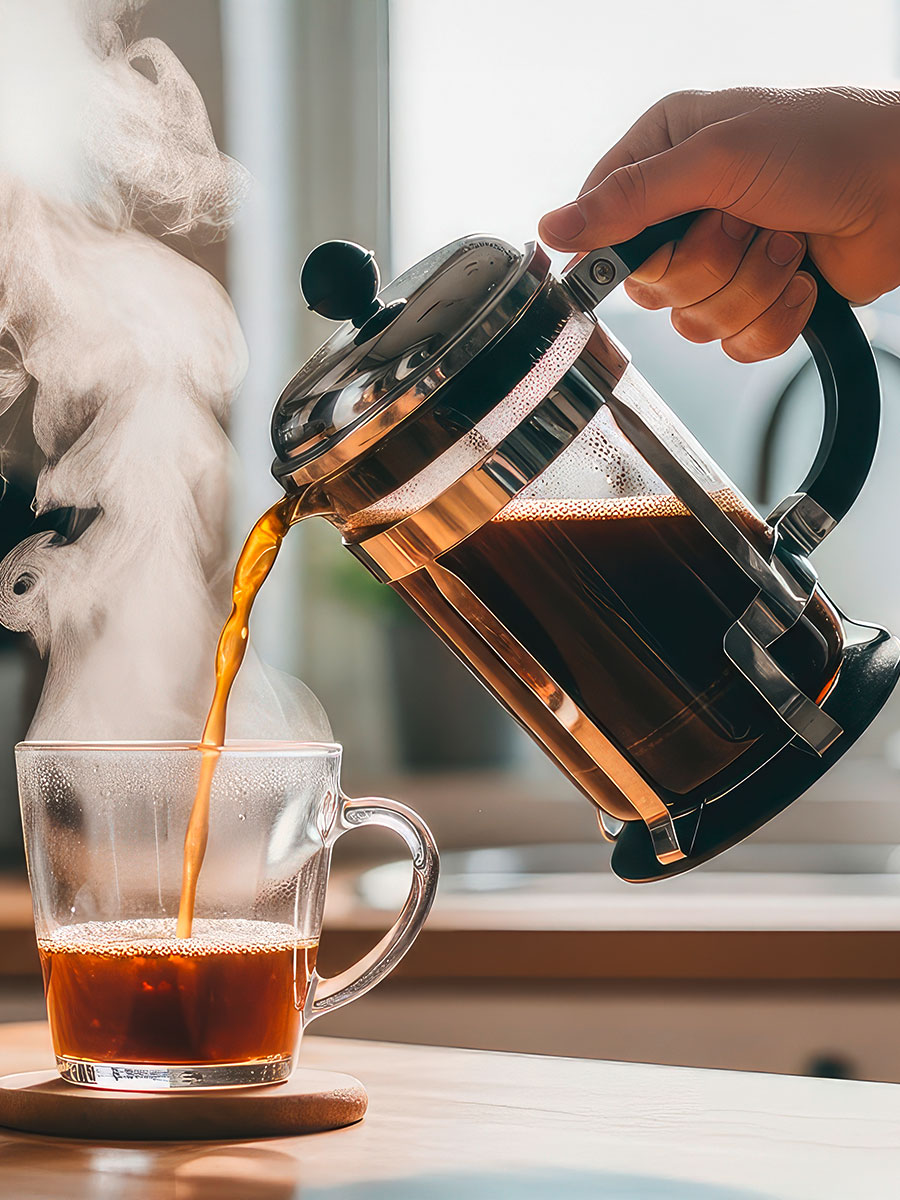 French Press gießt Kaffee in Glas mit aufsteigendem Dampf