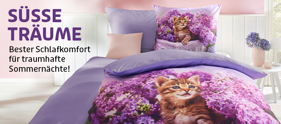 Lila Bettwäsche mit Kätzchenmotiv und Fliederblüten