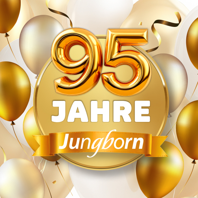 Goldenes Jubiläumsmotiv mit Ballons und Text ›95 Jahre Jungborn‹
