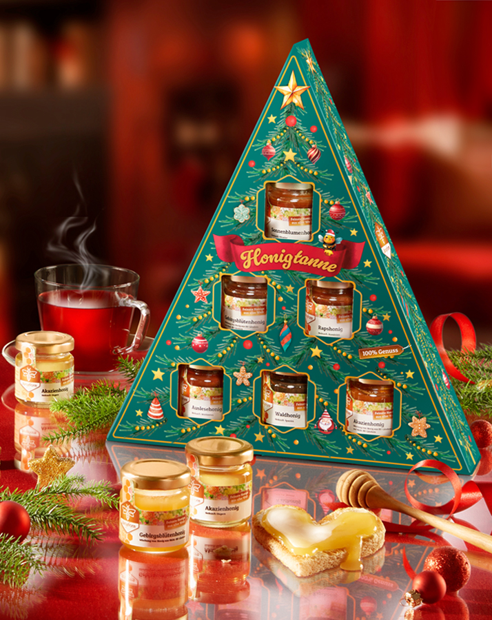 Honigtanne mit kleinen Honiggläsern als Weihnachtsgeschenkidee