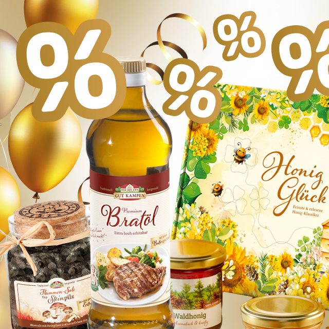 Jubiläumsangebote mit Öl, Honig und Feinkost, umgeben von Prozentzeichen.