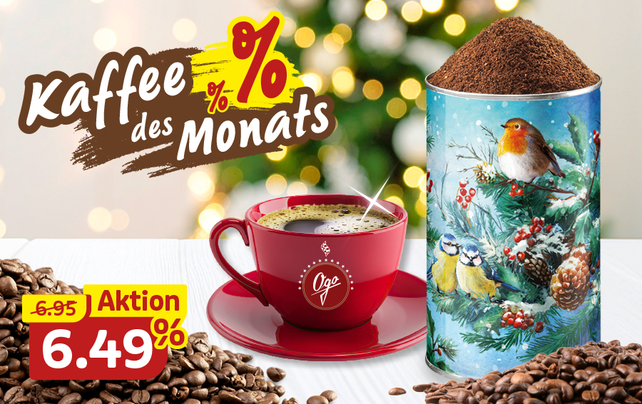 Kaffee des Monats mit festlicher Dose
