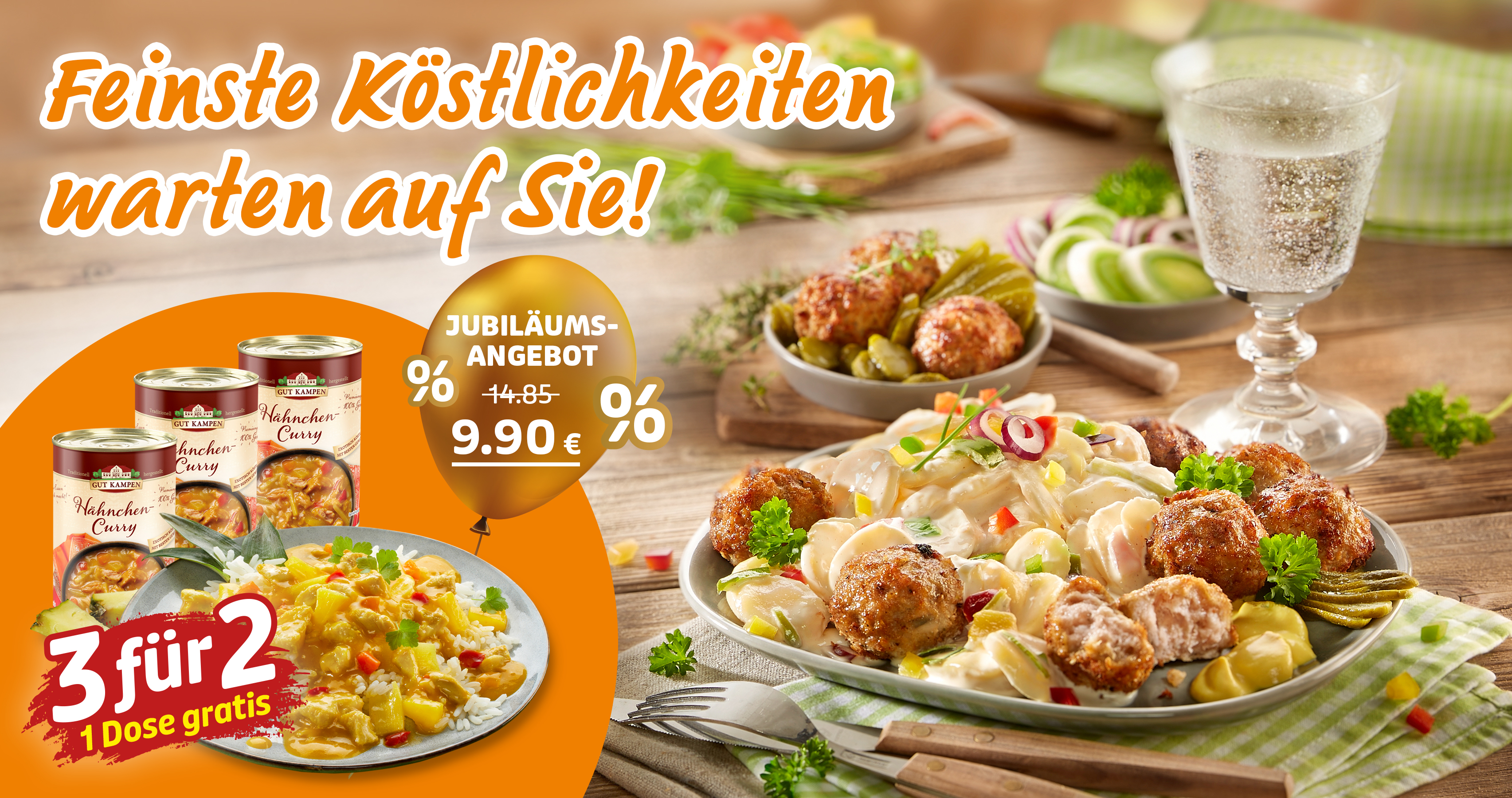 Servierte Klopse mit Sauce, Jubiläumsangebot und Text ›Feinste Köstlichkeiten‹.