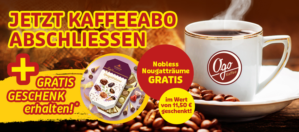 Kaffeetasse und Bohnen mit Hinweis auf Kaffeeabo und Gratisgeschenk