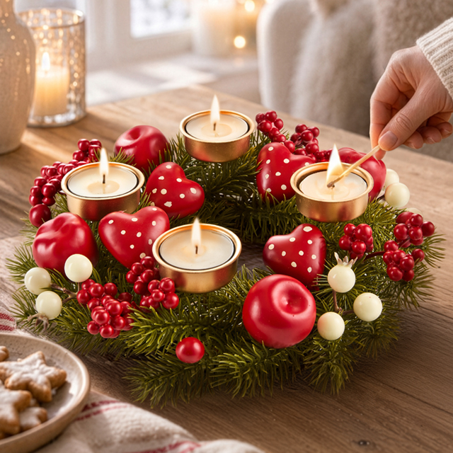 Adventskranz mit roten Herzen, Beeren und vier Kerzen