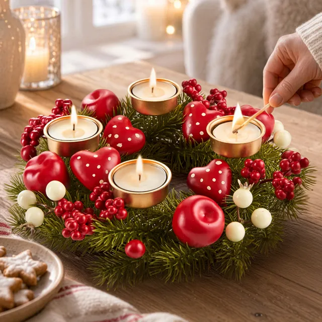 Adventskranz mit roten Herzen, Beeren und vier Kerzen