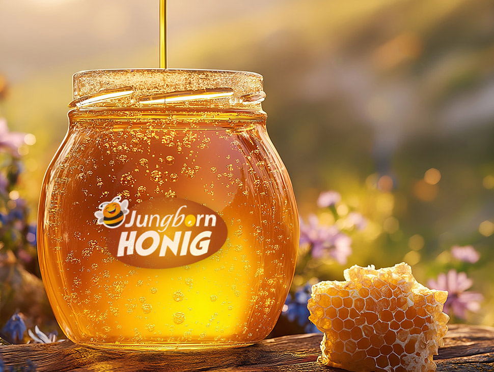 Honigglas von Jungborn mit flüssigem Honig und Honigwabe in Blumenlandschaft.