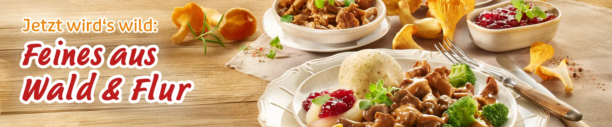 Wildgerichte mit Pilzen, Knödel, Brokkoli und Preiselbeeren
