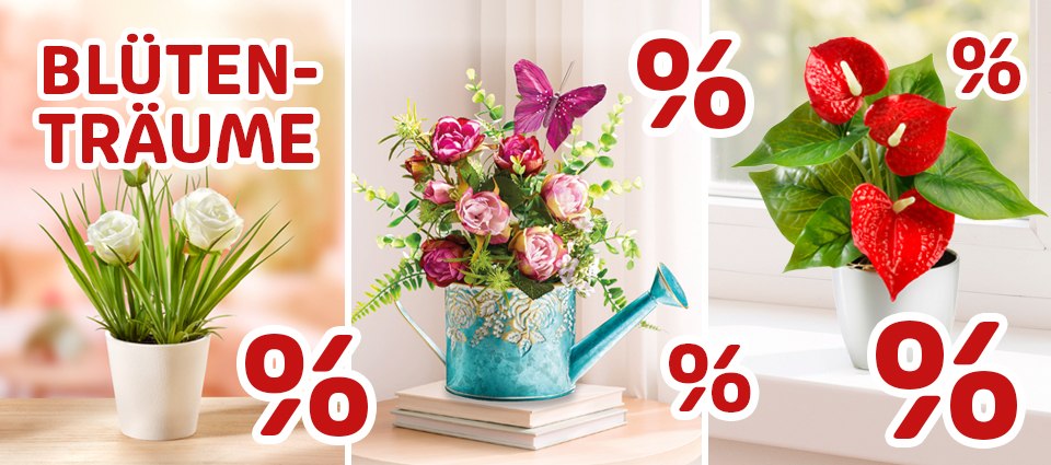 Kunstpflanzen Arrangement mit Blumen in dekorativen Töpfen