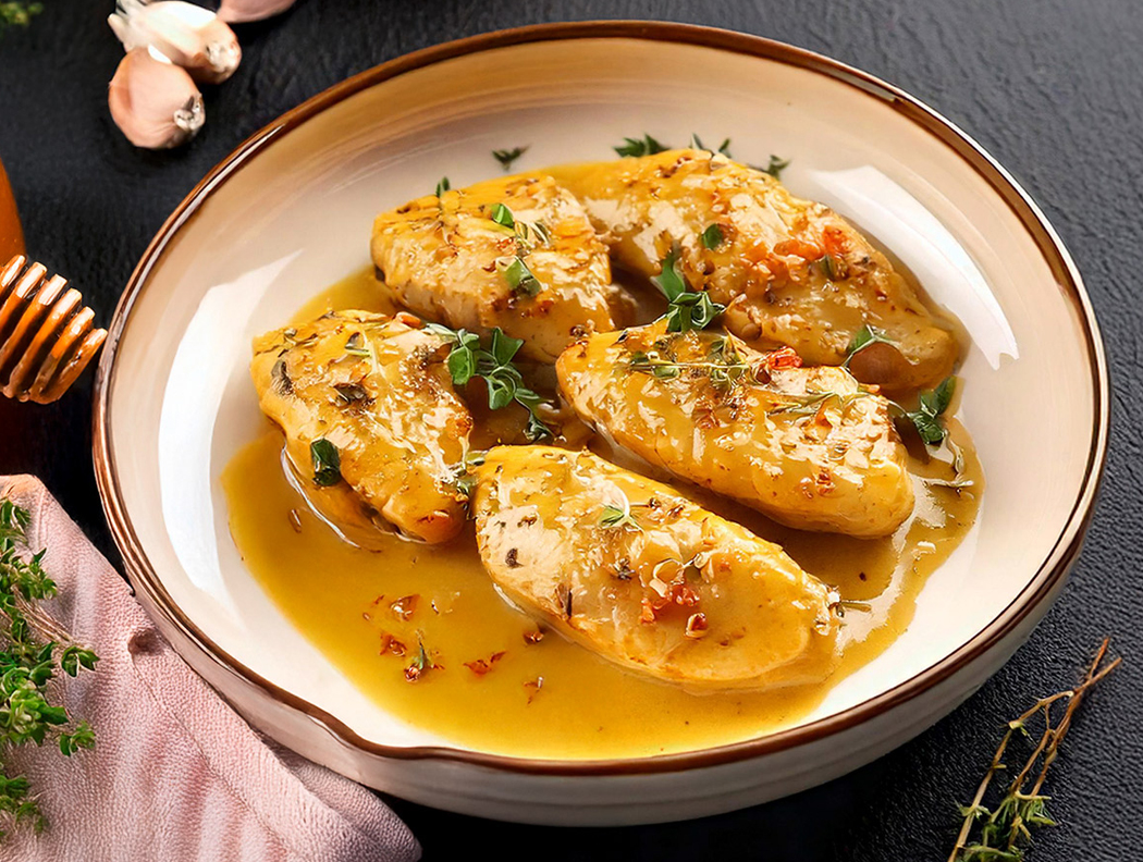 Honig-Senf-Hähnchen, dekoriert mit Koriander und einer leckeren Sosse