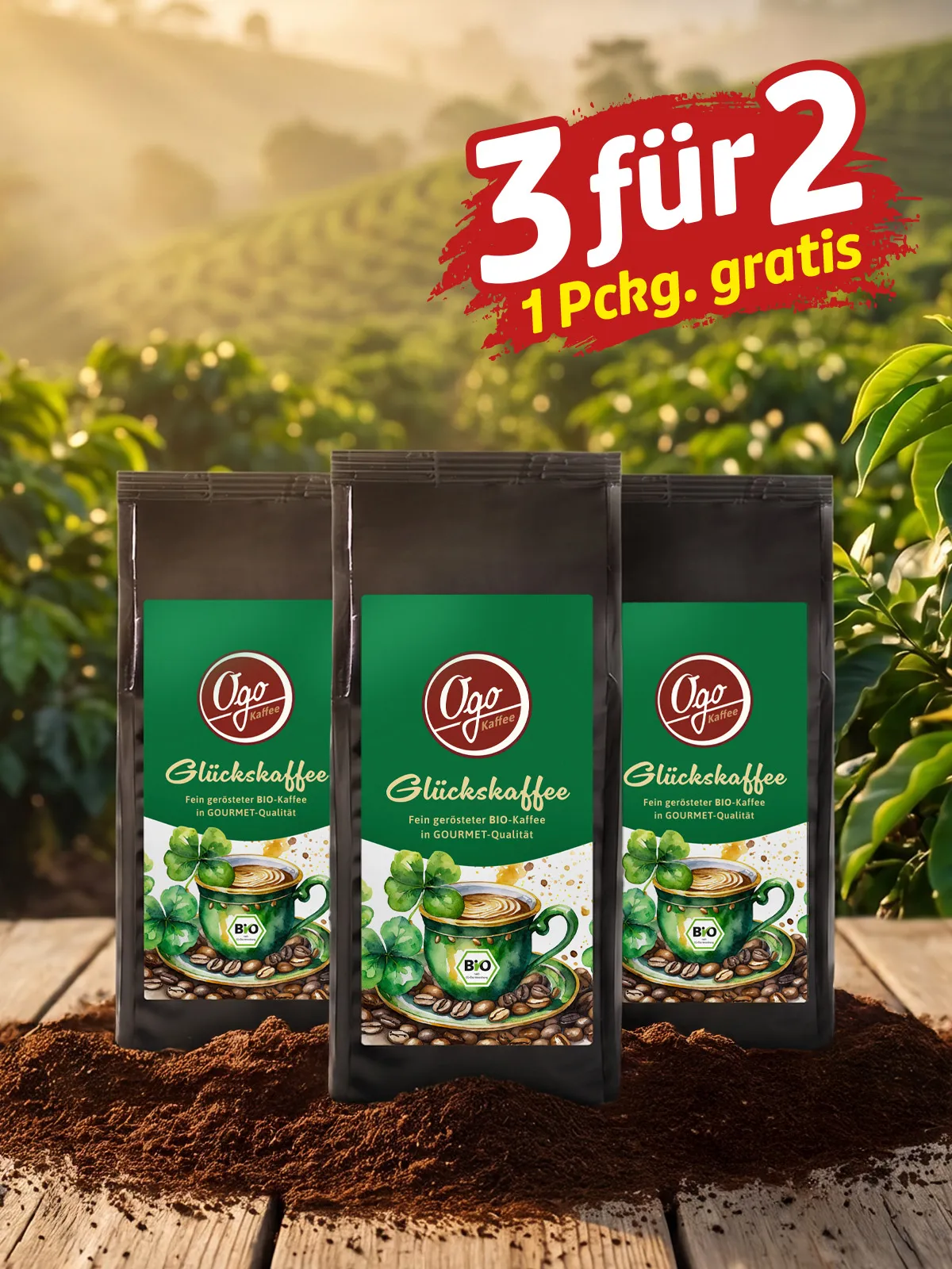 „3 für 2“ BIO Ogo Glückskaffee, gemahlen