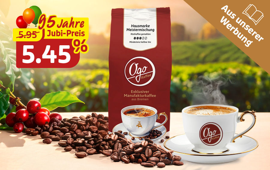 Gemahlener Kaffee mit Tasse und Bohnen zum Jubiläumspreis