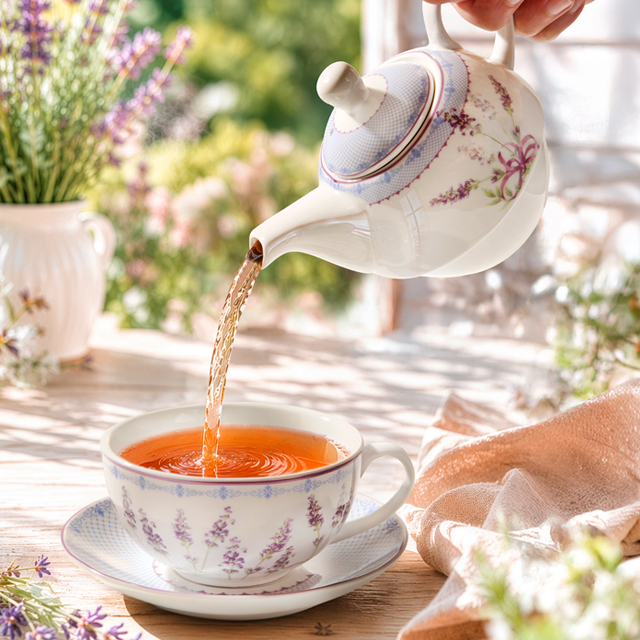Teetasse und Teekanne mit Lavendeldekor, umgeben von Lavendelblüten