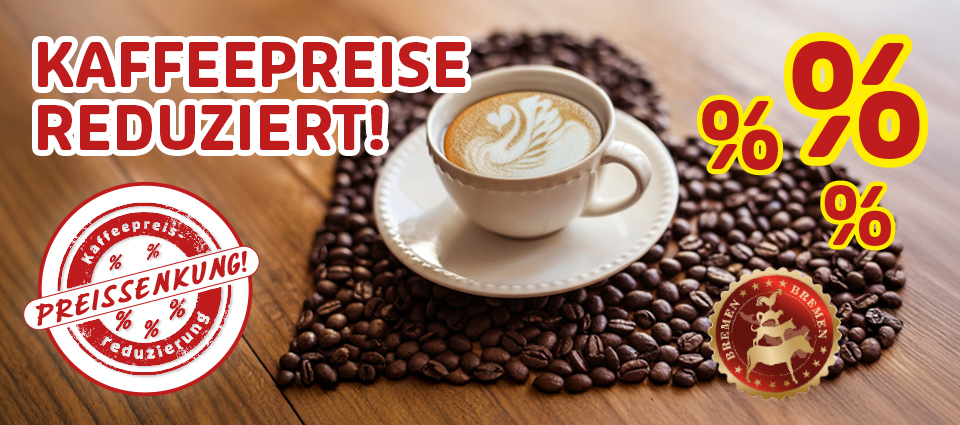 Kaffeetasse auf Bohnen mit Hinweis auf reduzierte Kaffeepreise