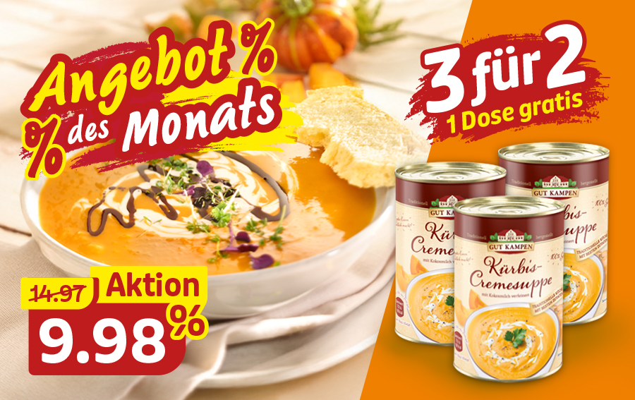 Kürbis-Cremesuppe im Teller und Dosen im Angebot