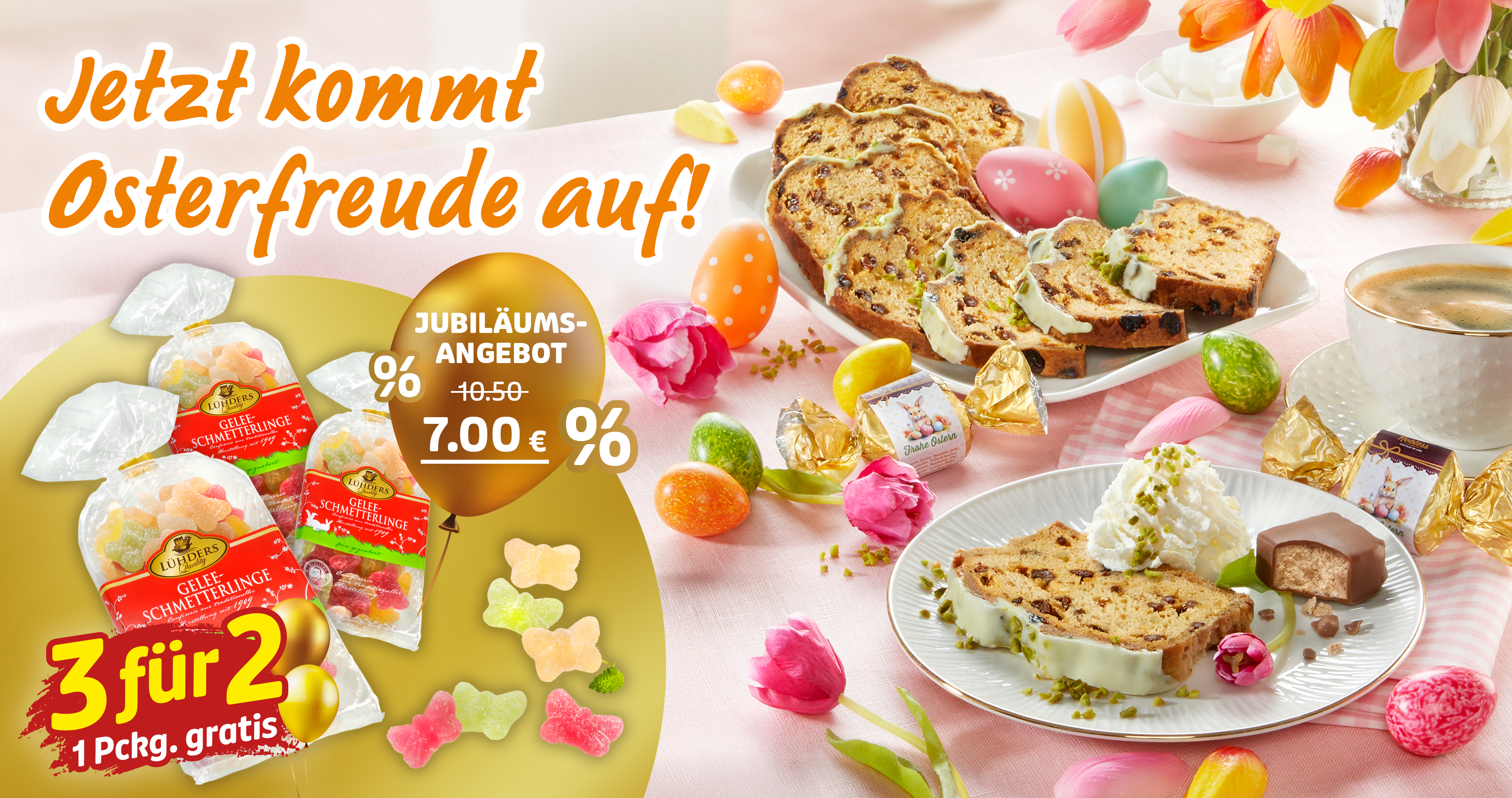 Osteraktion mit Kuchen, Süßigkeiten und 3-für-2-Angebot zum Jubiläum