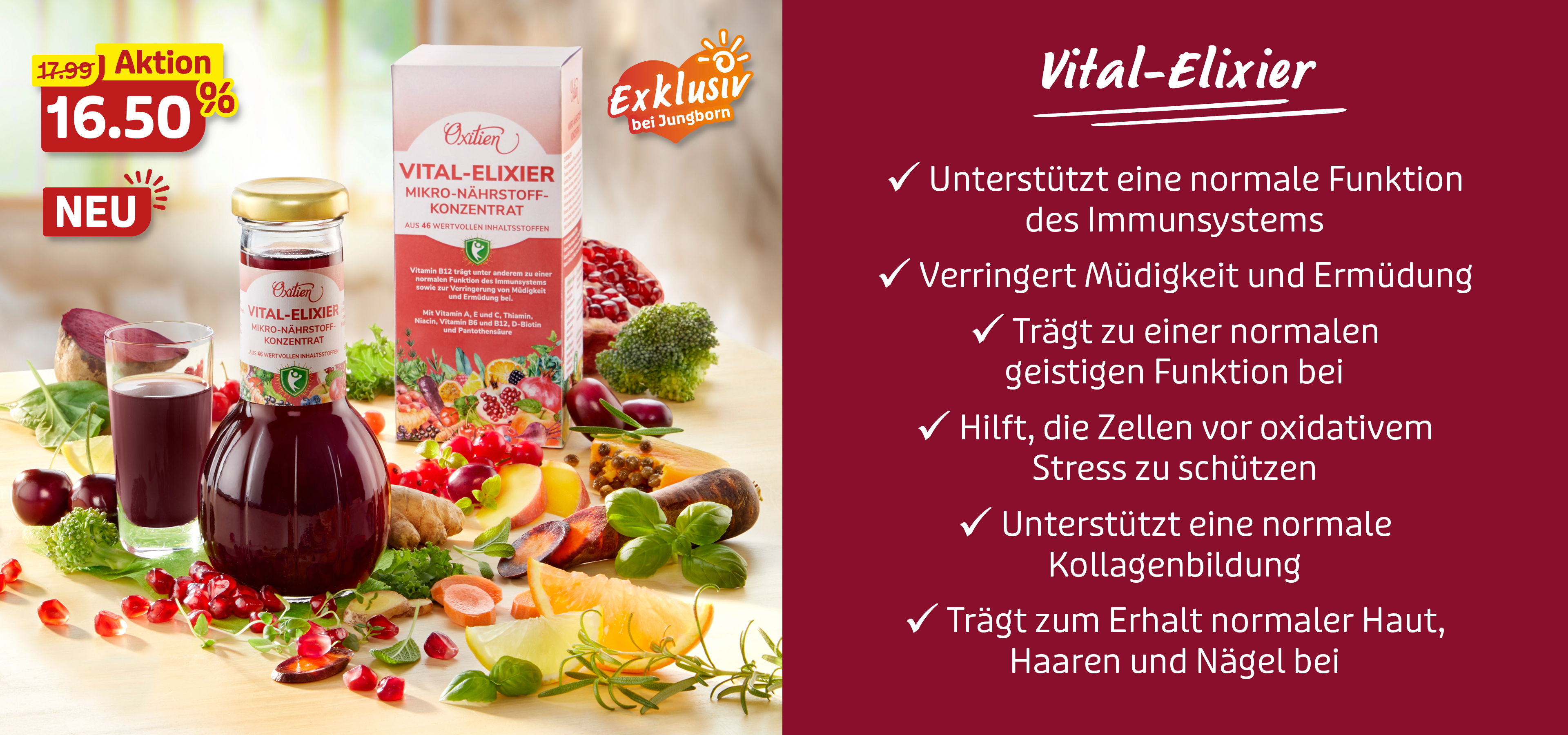 Vital-Elixier in Flasche und Glas, umgeben von frischem Obst und Gemüse.