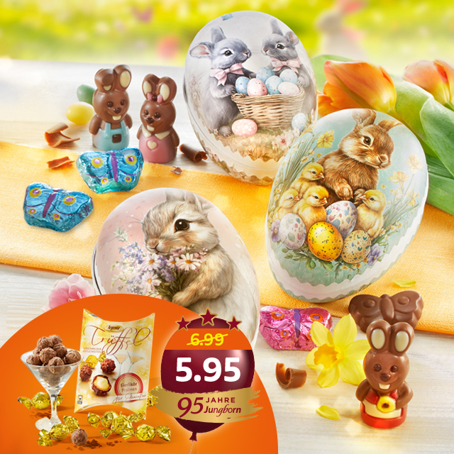 Ostergeschenke mit Schoko-Pralinen und dekorativen Ostereiern im Angebot