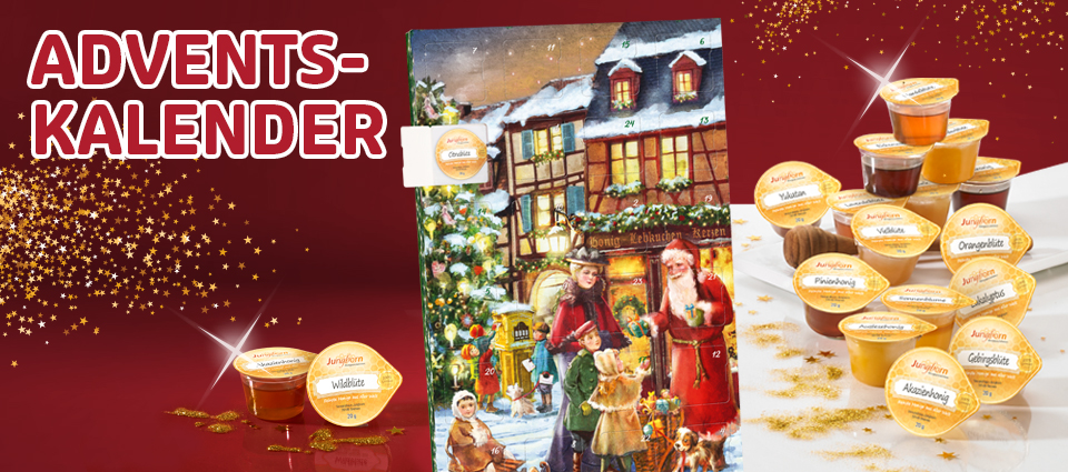 Adventskalender mit Honigtöpfchen und Weihnachtsmotiv