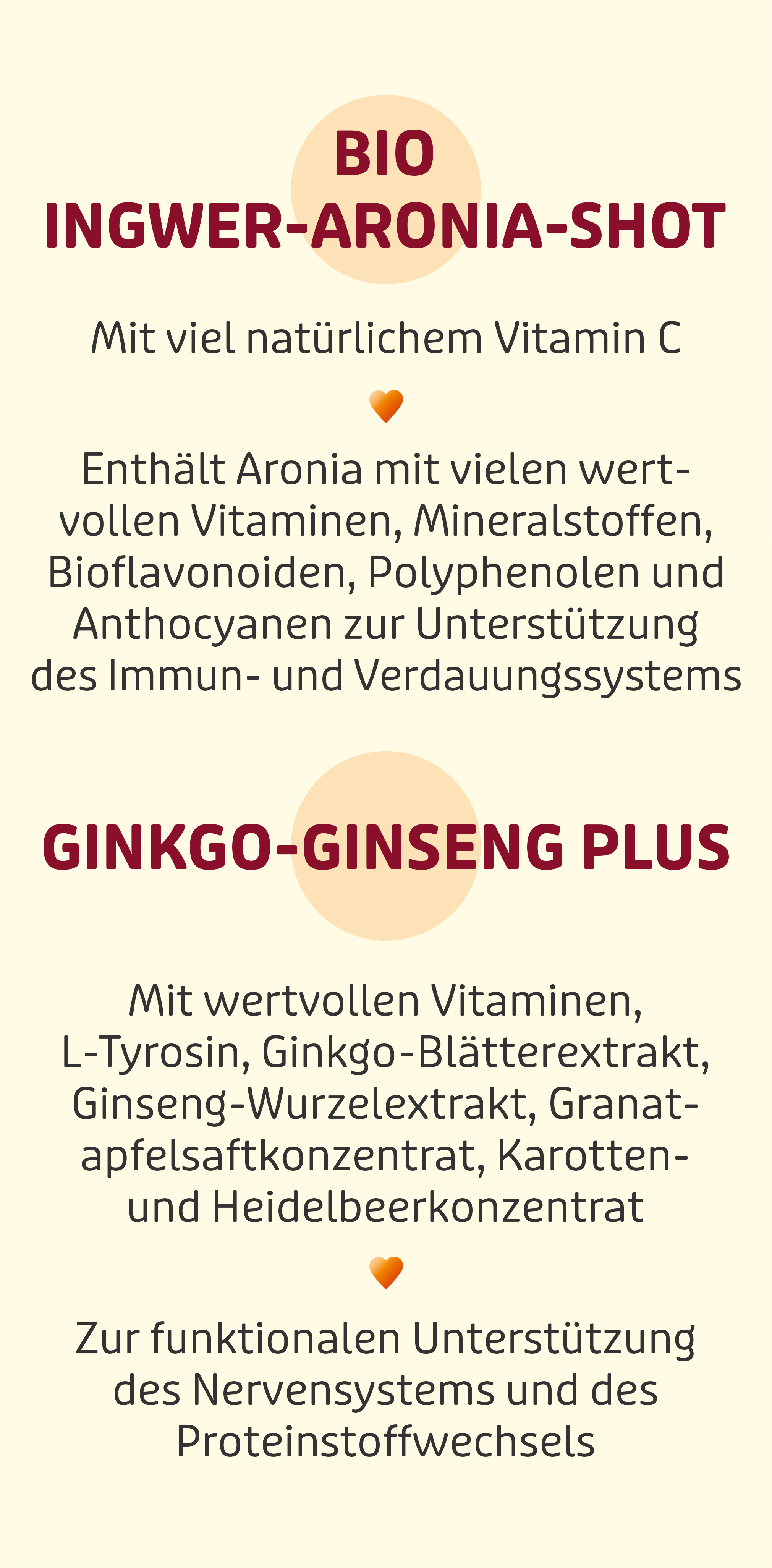 Beschreibung der Bio-Shots „Ingwer-Aronia“ und „Ginkgo-Ginseng Plus“.