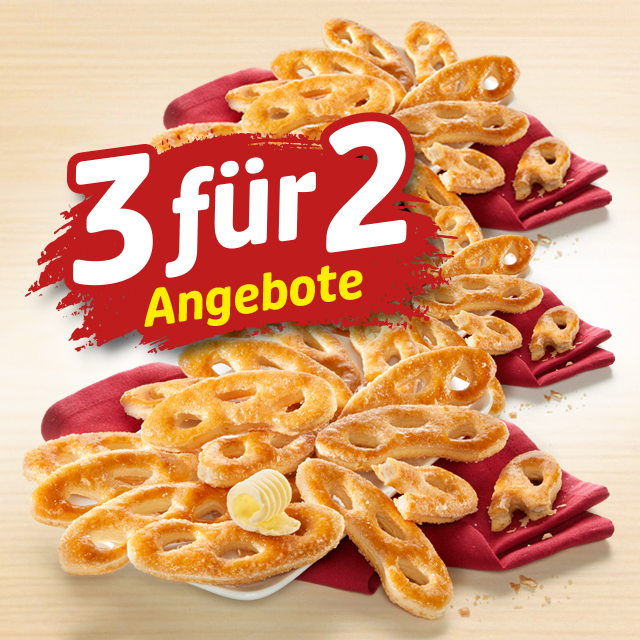 3-für-2-Angebot mit süßem Buttergebäck auf roter Serviette