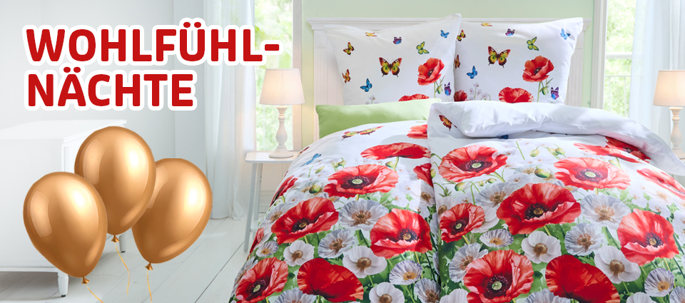 Bettwäsche mit Mohnblumen und Schmetterlingen im Schlafzimmer