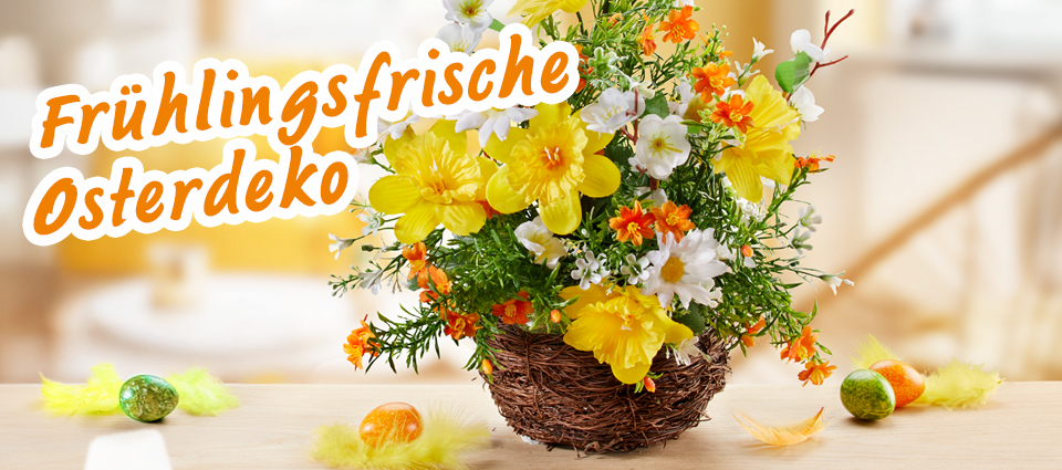 Frühlingshafte Osterdeko mit bunten Blumen im Nest, umgeben von Ostereiern.