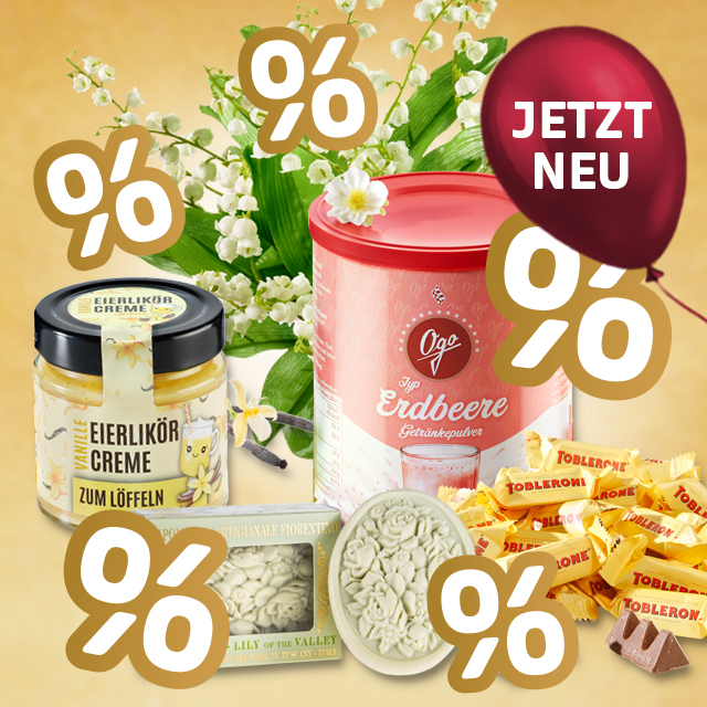 Jubiläumsangebote mit Erdbeergetränkepulver, Eierlikörcreme und Süßwaren