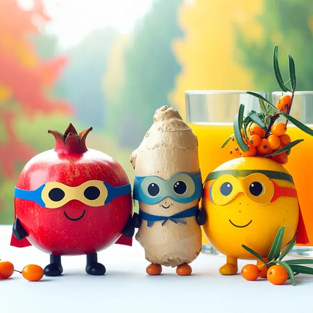 Granatapfel, Ingwer und Orange als lustige Herbsthelden