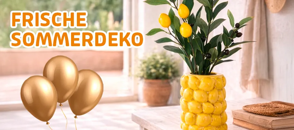 Zitronenvase mit sommerlicher Dekoration für Wohnräume