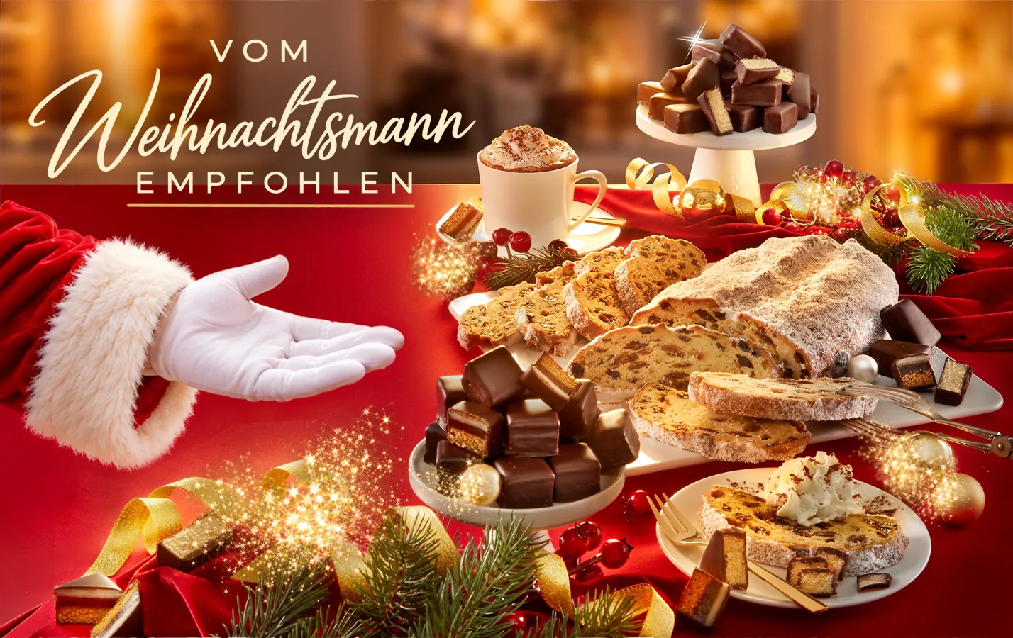Weihnachtliche Genussauswahl mit Stollen, Gebäck und Schokolade